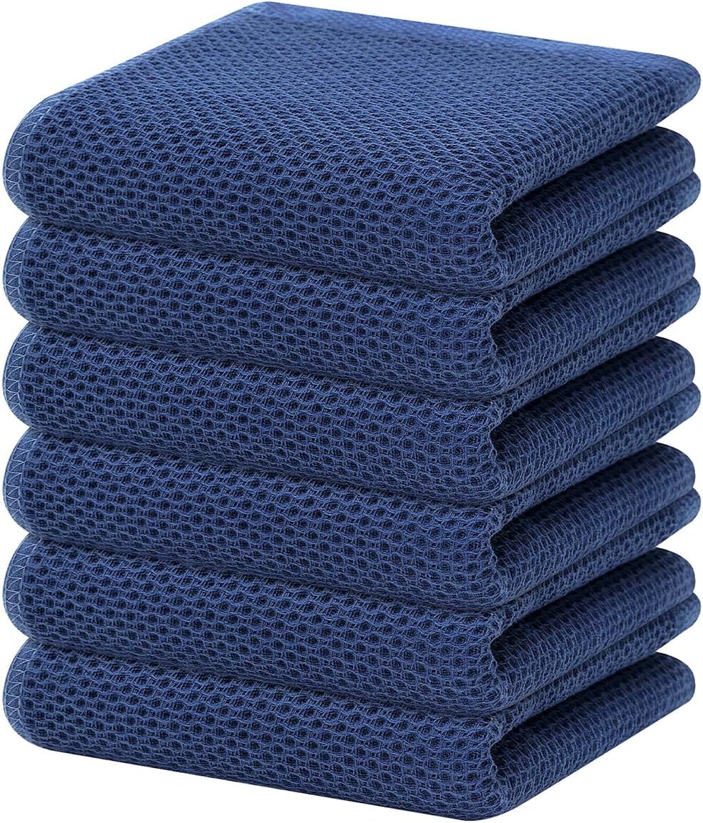 Homaxy 100% Cotton Waffle Weave Kitchen Dish Towels, Ultra Soft Absorbent Quick Drying Cleaning Towel, 13 x 28 Inches, 6-Pack, Navy Blue