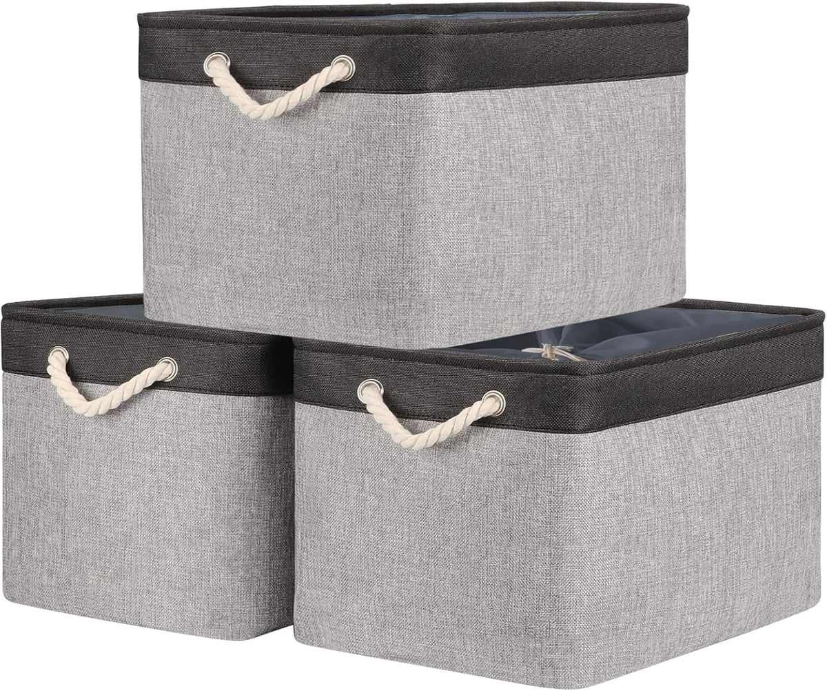 TheWarmHome Organization and Storage Basket for Shelves - 20x16x14 inch Jumbo 3 Pack Collapsible Storage Bins for Organizing, Fabric Storage Cubes for Organizer Gift Toy Closet (Black & Grey)