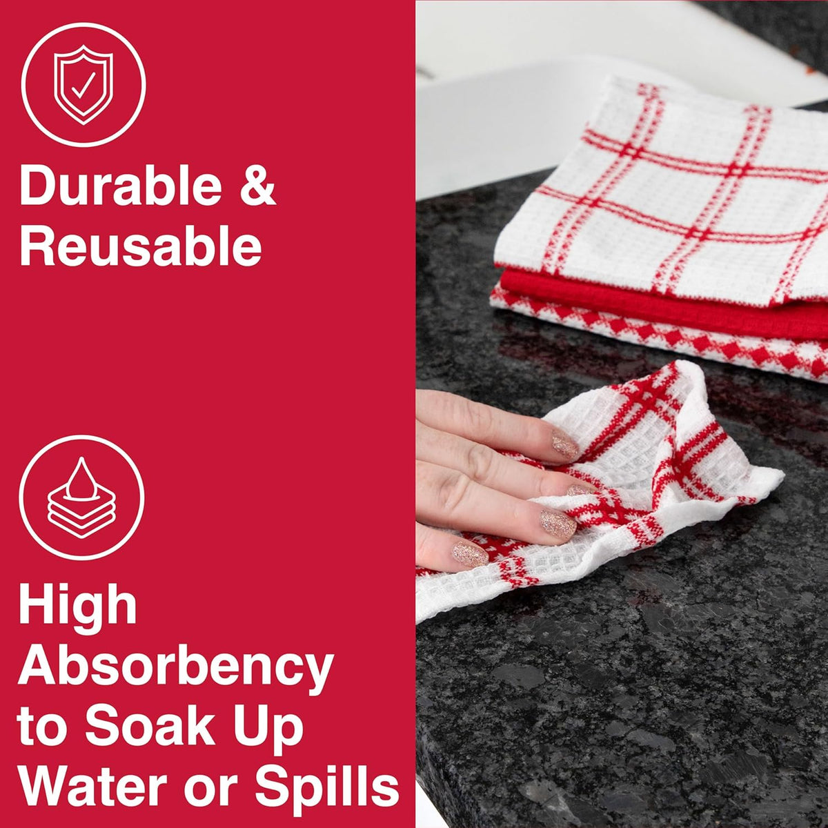 T-fal Premium Waffle Dish Cloths: Highly Absorbent, Super Soft Long Lasting - 100% Cotton, 12"x13" Towel for Cleaning & Drying, (8-Pack), Red