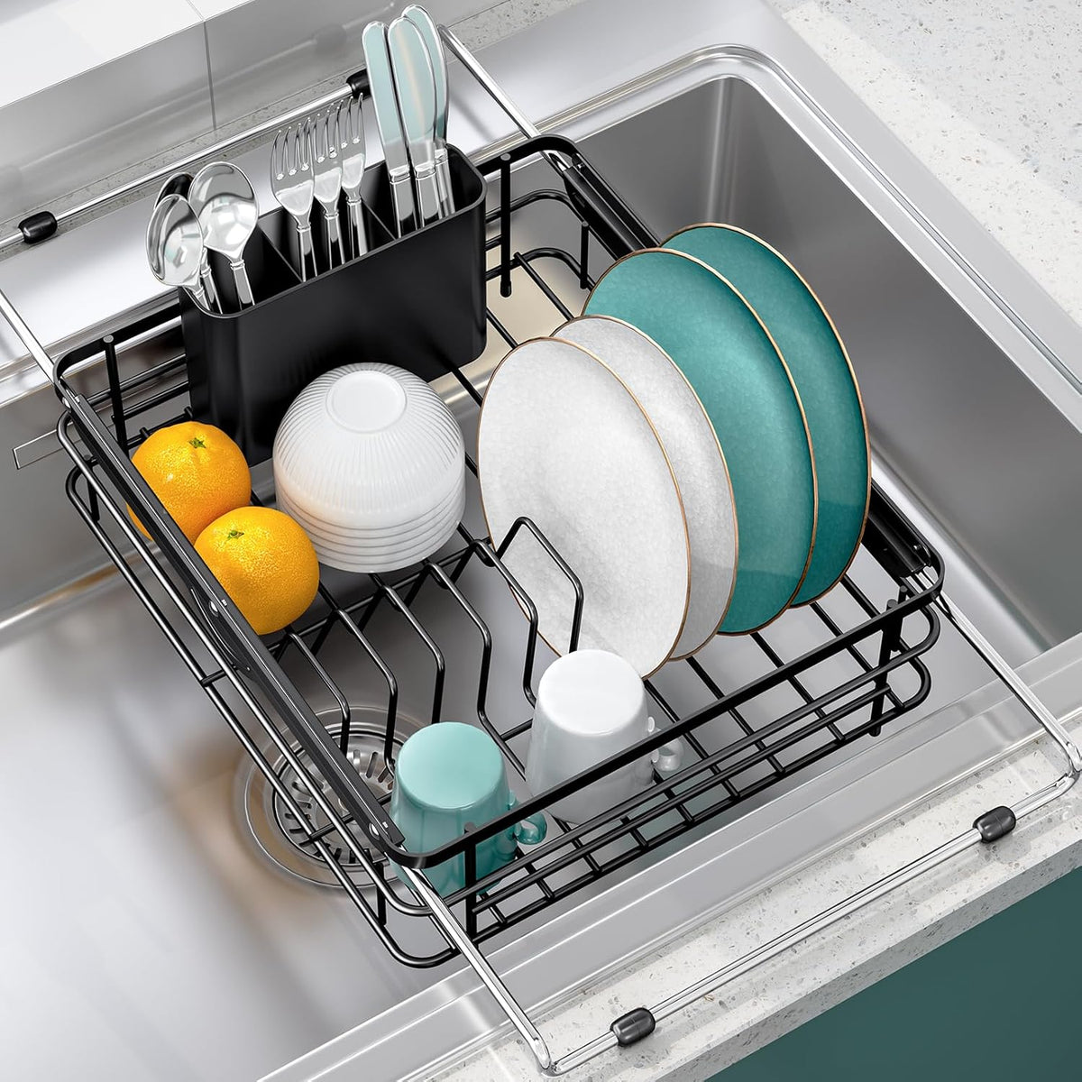 Over the Sink Dish Drying Rack,In Sink Dish Drying Racks,Expandable Dish Rack Over Sink Counter,Adjustable Dish Drainer for Inside Sink with Utensil Holder, Stainless Steel Dish Strainer Large Size