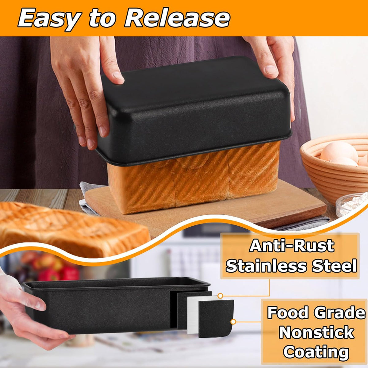 LIANYU 3 Pack Nonstick Loaf Bread Pan, 9x5 Inch Baking loaf Tin, Stainless Steel Meatloaf Pan Tin for Baking Banana Sandwich Bread, Dishwasher Safe
