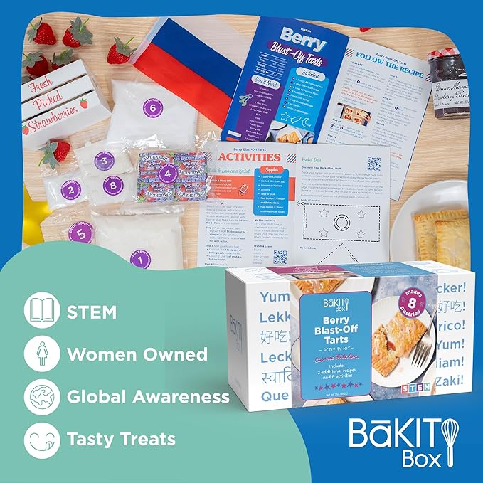 BāKIT Box Berry Blast-Off Tarts Baking Kit, STEM Rocket Activity + DIY Jam Pastries, Printed Recipe & Activity Guides, Great Gift for Boys & Girls