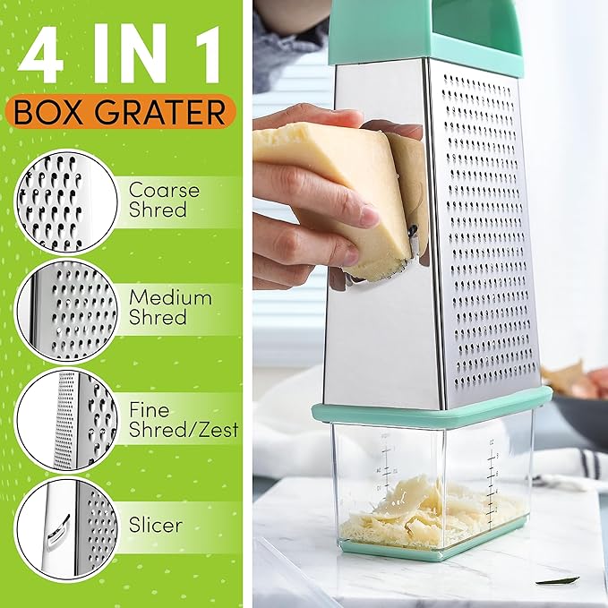 Spring Chef Professional 10" Parmesan Cheese Grater With Container, Stainless Steel & Soft Grip Handle, Handheld Kitchen Cheese Shredder, Box Grater with 4 Sides for Potato, Carrot, Veggie - Mint