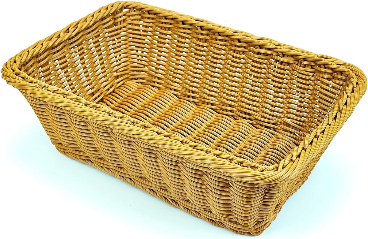 12" Poly Wicker Bread Basket, Hand Woven Food Storage Room Organizer, Fruits, Vegetables and Snacks Tabletop Food Serving Basket, Restaurant, Hotel Service, Brown
