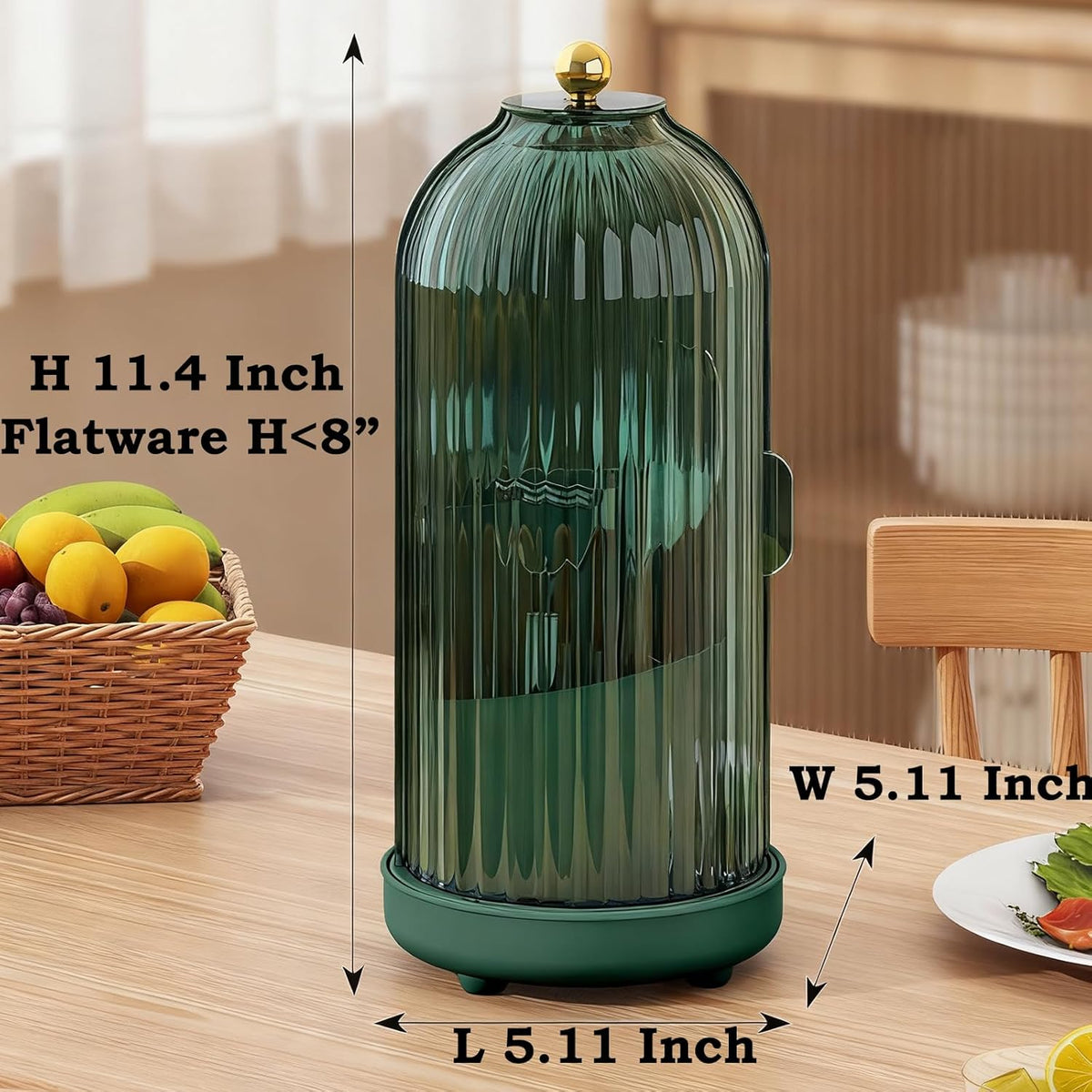 JEESA Utensil Holder with Lid, 360° Rotating Flatware Organizer for Cutlery Spoon Fork(H Less 8"), Silverware Caddy Organizer Drainage Dustproof Flatware Holder Kitchen Countertop Storage, Green