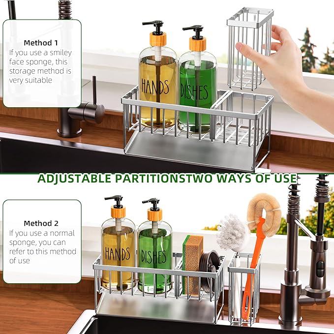 Cisily Kitchen Dish Soap Dispenser Set Stainless Steel Sponge Holder and 2 Pack 16.9oz Clear Glass, Dish Soap Dispensers, Vintage Hand and Dish Soap Dispensers Set, Dispensador De Jabon De Cocina