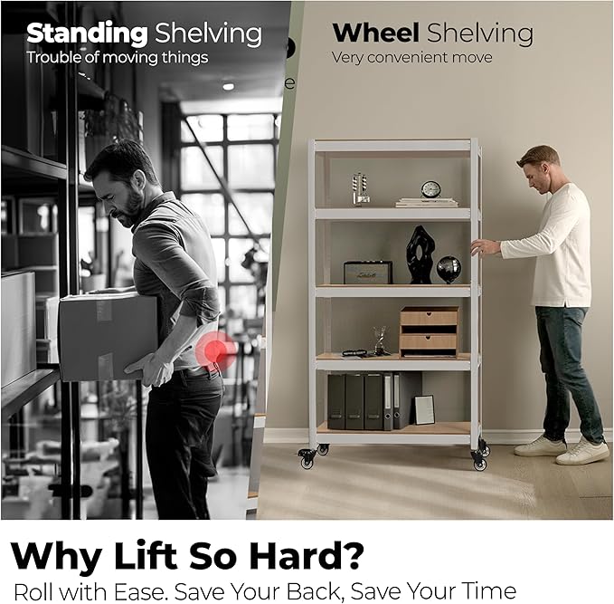 HOMEDANT House White 5-Tier Metal Rolling Cart Shelf Rack Casters Heavy Duty Wheel Shelving Unit Adjustable Utility Storage Shelves Organizer Shelf Kitchen Garage 36.2" W x 16.5" D x 69.5" H 4Pack