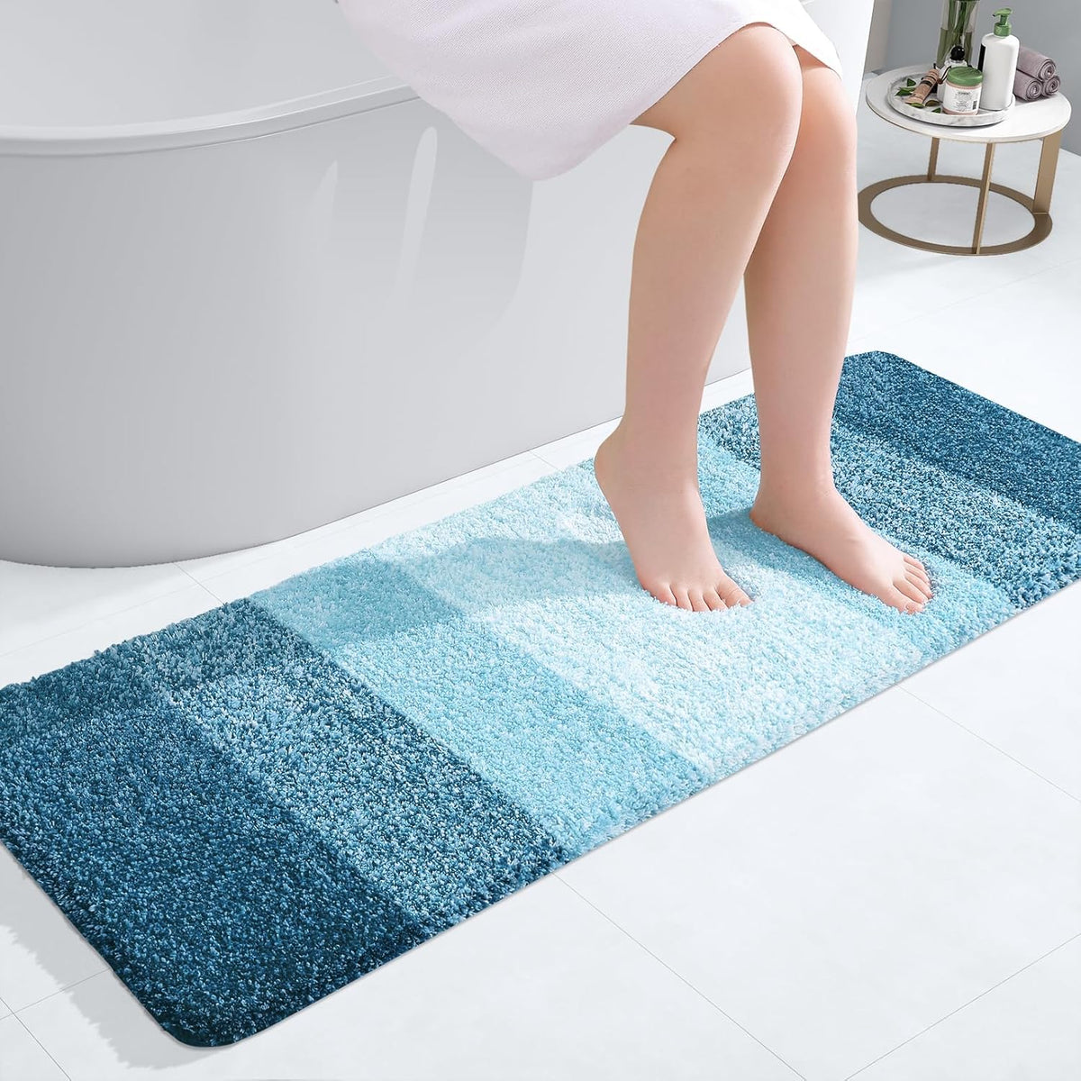 OLANLY Bathroom Runner Rugs 47x17, Extra Soft Absorbent Microfiber Bath Rugs, Rubber Backing, Quick Dry, Washable Bath Mats for Bathroom Floor, Tub and Shower, Home Decor Accessories, Peacock Blue