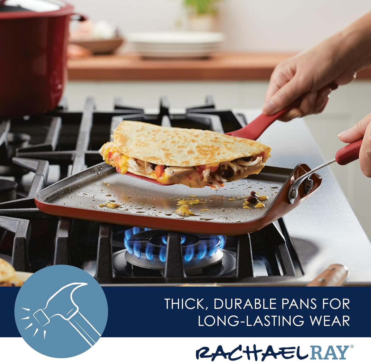 Rachael Ray Cook + Create Nonstick Stovetop Griddle/Grill Pan, Square, 11 Inch, Red