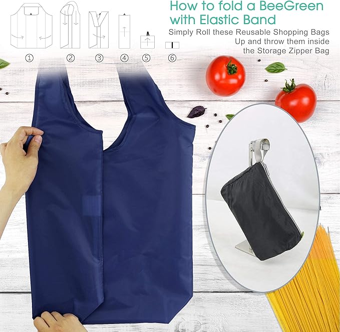 BeeGreen 20 Pack Navy Blue Reusable Grocery Bags with Storage Pouch Wholesale Reusable Shopping Bags Bulk w Elastic Band 50LBS X-Large Foldable Tote Bags Machine Washable-Heavy Duty Cloth Bags