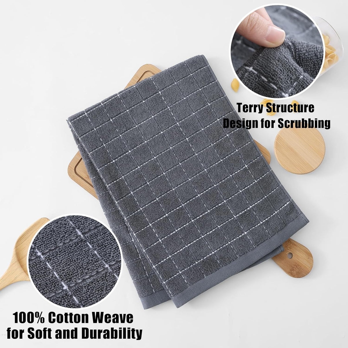 Homaxy 100% Cotton Terry Kitchen Towels(Dark Grey, 20 x 28 inches), Checkered Designed, Soft and Super Absorbent Dish Towels, Large 4 Pack