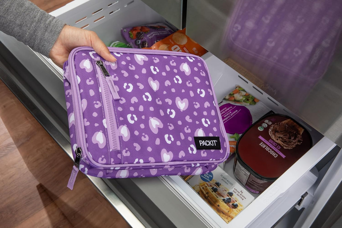 PackIt Freezable Classic Lunch Box, Leopard Hearts Purple, Built with ECOFREEZE Technology, Reusable, Zip Closure With Zip Front Pocket and Buckle Handle, Designed for Fresh Lunch On the Go