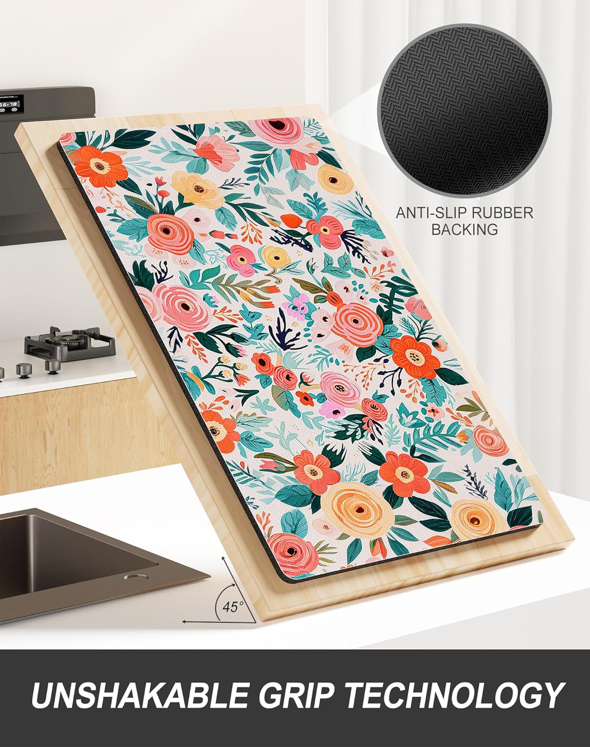 Rnivvi Dish Drying Mat for Kitchen Counter, XL 15 x 24" Cute Flower Super Absorbent Draining Pad, Non-Slip Heat Resistant Coffee Bar Mats for Coffee Machine Station Accessories, Colorful Dish Rack Pad