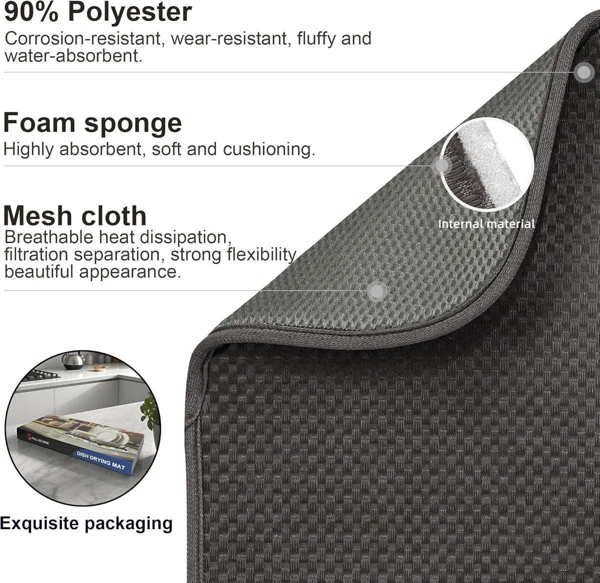 Dark Gray Dish Drying Mats 20" x 15", XL Kitchen Drying Mat for Counter, Microfiber Dish Dryer Mat, Microfiber Dish Rack Mat, Foldable Dish Drying Pad for Dishes, Pots, Pans (Dark Gray)