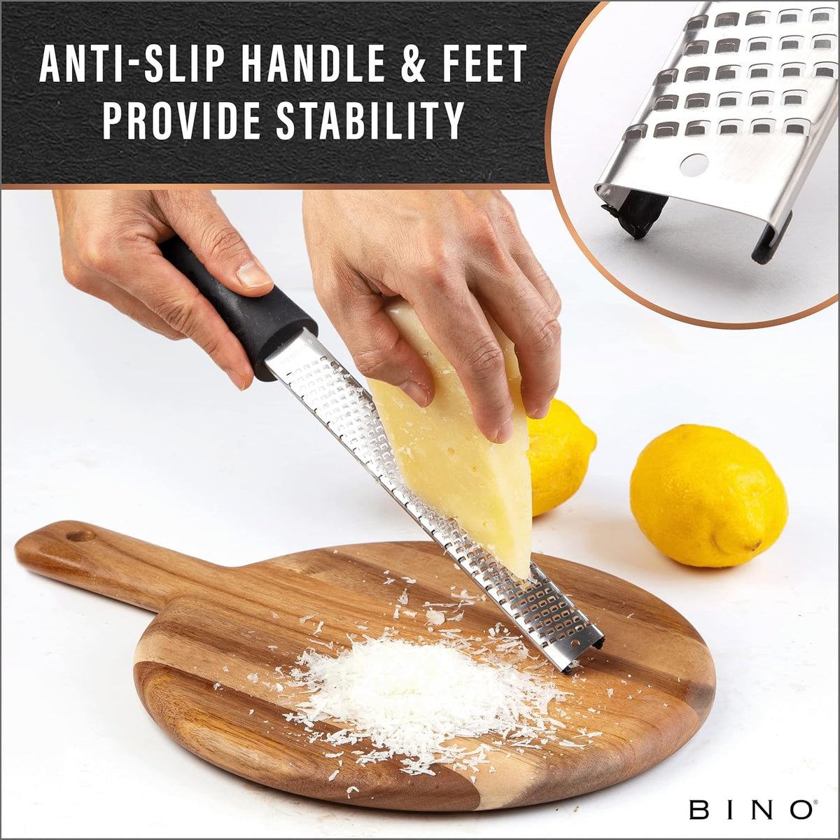 BINO Stainless Steel Rasp-Style Grater | Parmesan Grater | Zester Tool | Kitchen Handheld Graters | Culinary Tools | Lemon & Orange Zester | Spice Grater | Cooking & Baking Utensils & Accessories