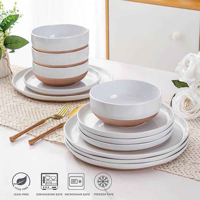 AmorArc Ceramic Dinnerware Sets for 6, 18 Pieces Handpainted Plates and Bowls Set with Rustic Terracotta Underside, Scratch Resistant Stoneware Dishes Set, Dishwasher & Microwave Safe, White