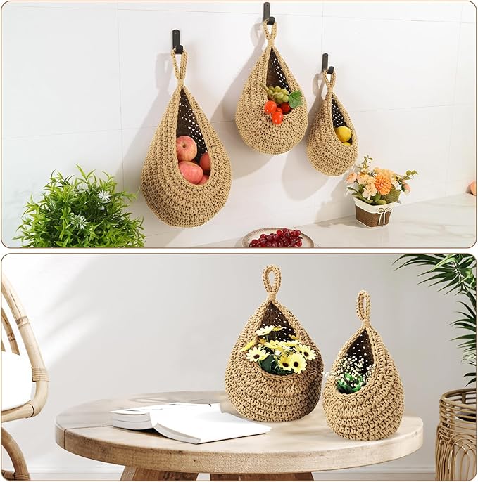 Wall Hanging Baskets for Organizing - 3 Pack Hanging Fruit Basket with 6 Pcs Strong Hooks, Handwoven Onion Storage Teardrop Home Onion Basket for Fruits Vegetable Potato Kitchen Storage(Light Linen)