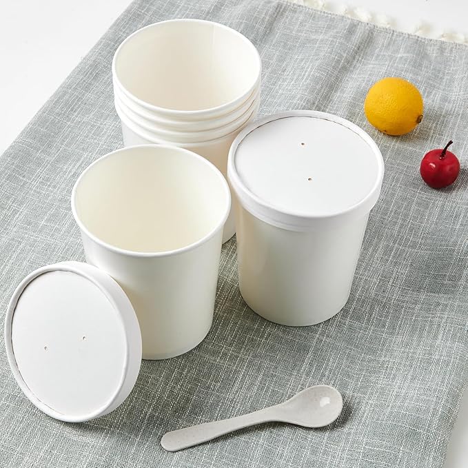 JOLLY PARTY 25pack 32oz Paper Soup Containers with Lids, Disposable Food Cups, White Ice Cream Bowls, Paper food Storage with Vented Lids, for Restaurants, To-Go Lunch