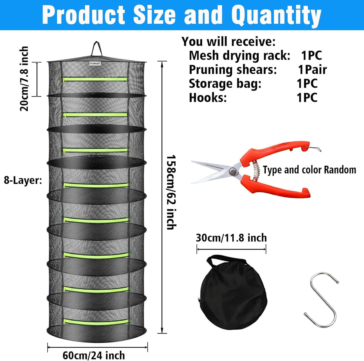 Herb Drying Rack, Breathable Mesh, 8 Layers, Black, Nylon, Polyester, Hanging, Foldable, 8x24x24 Inches, 17 lbs Capacity, For Herbs, Meat, Plants, Fish, Clothes, Nuts