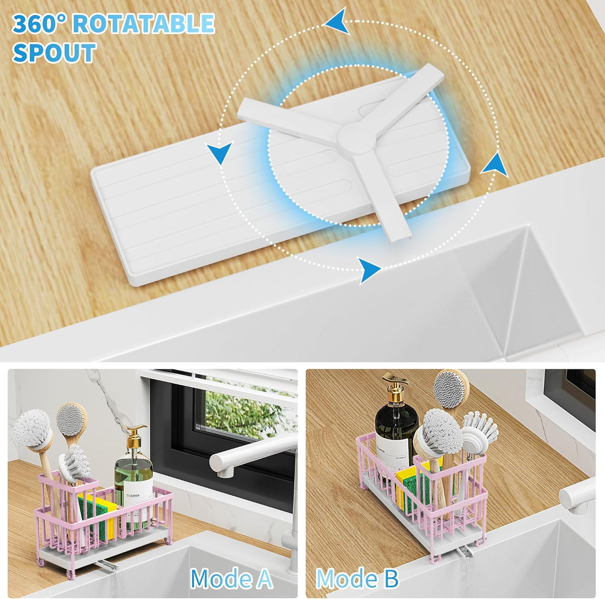 Cisily Pink Sponge Holder for Kitchen Sink, Sink Caddy Organizer with High Brush Holder, Countertop Organizers and Storage Essentials, Rustproof 304 Stainless Steel, Pink kitchen Accessories and Decor