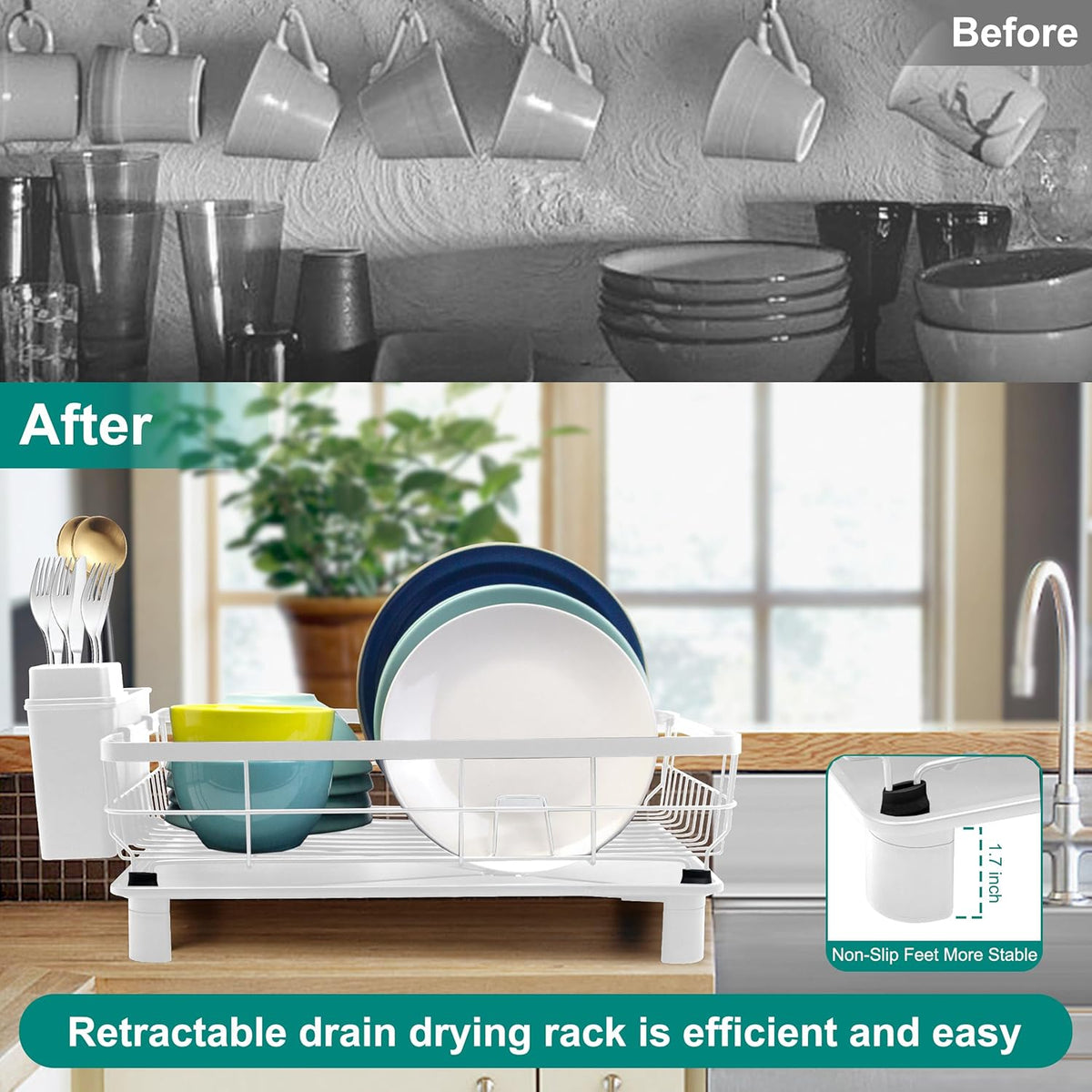 Dish Drying Rack for Kitchen Counter,Space-Saving Dish Rack with Drainboard,Rustproof Countertop Dish Drainer with Utensil Holder for Sink,White