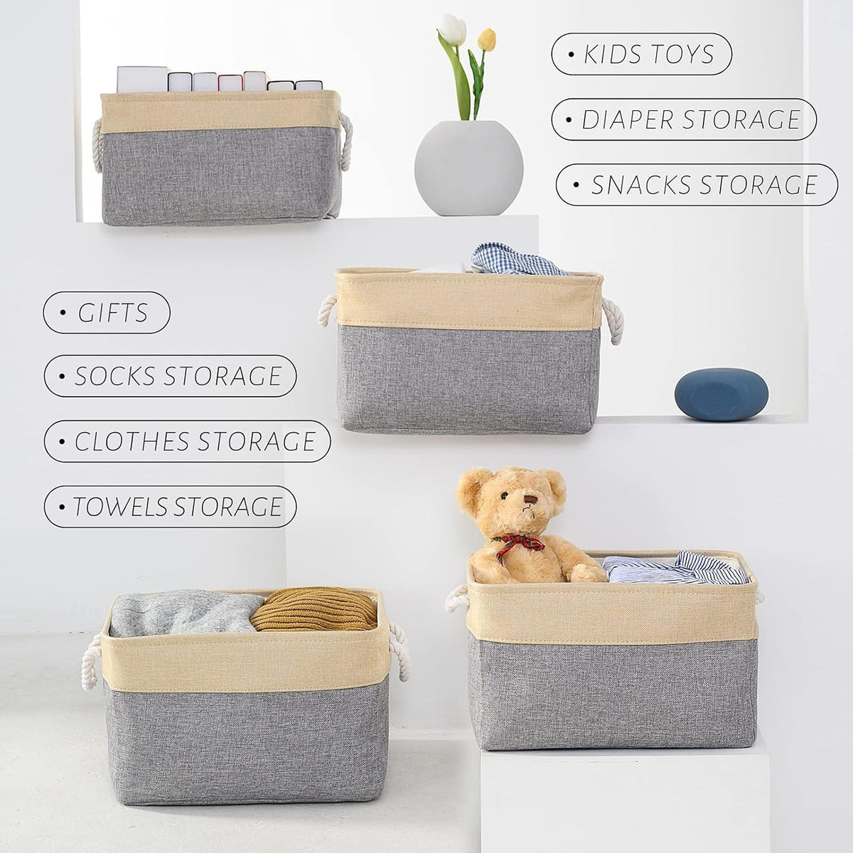 Organization and Storage Basket for Organizing - Large 4 Pack 16x12x8 inch Collapsible Baskets for Shelves Fabric Storage Cube, Storage Bins for Laundry Cloth Books Gift (Gold & Grey)