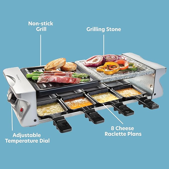 Electric Cheese Raclette Table Grill w Nonstick Grilling Plate & Cooking Stone- Indoor Smokeless Korean BBQ 8 Person Tabletop Cooker Hotplate- Melt or Grill Meat, Veggies for Home Dinner Party or Apps