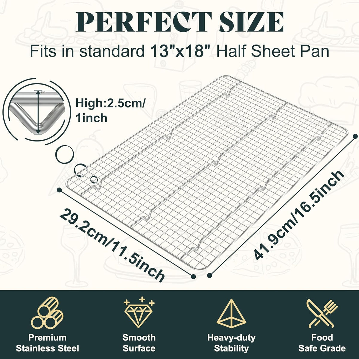 Cooling Racks for Cooking and Baking-11.5"x16.5" Oven Safe Premium Stainless Steel Heavy Duty Baking Rack Tight-Wire, Fits Half Sheet Pan for Roasting & Grilling & Cooking-1 Pack-Heavy Duty