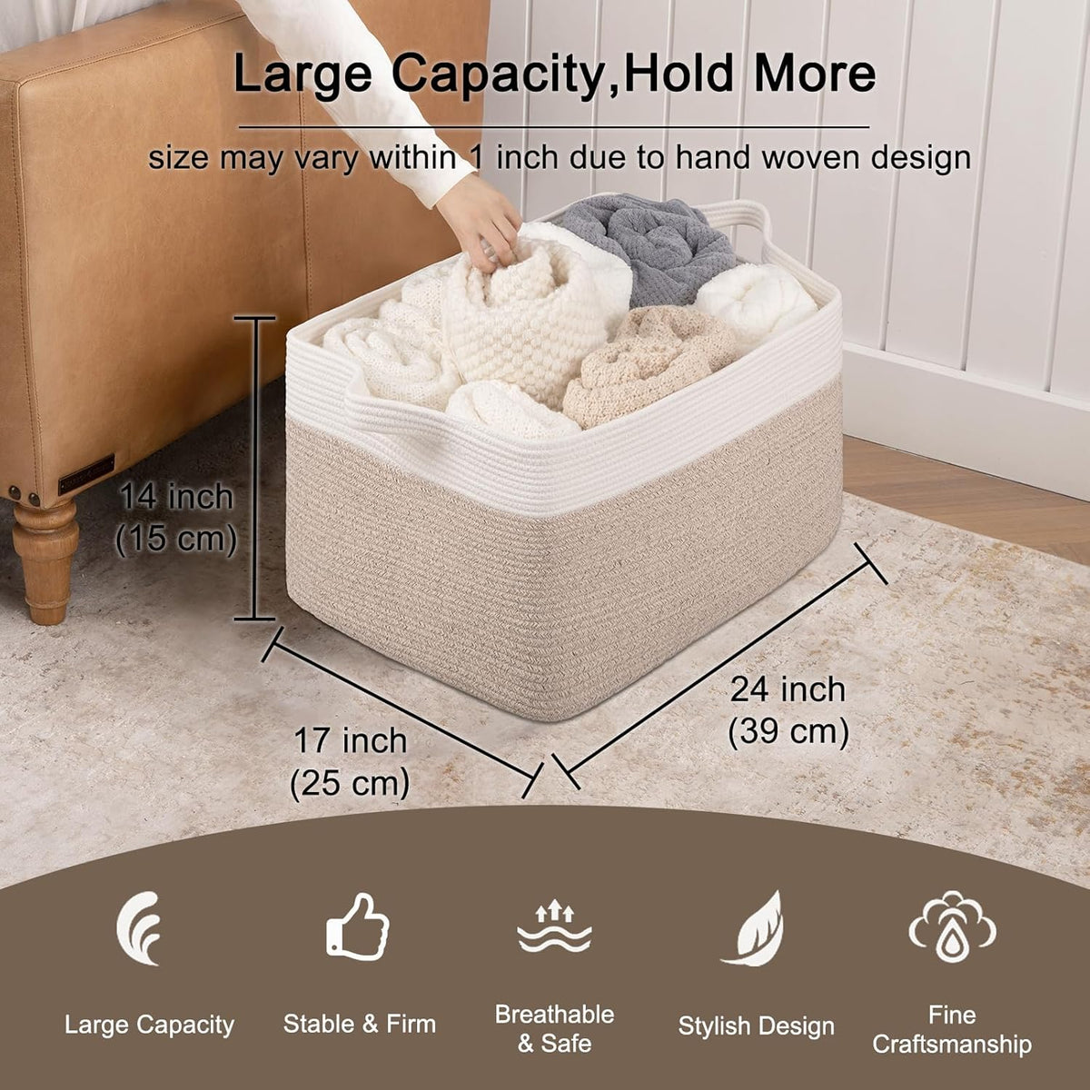OIAHOMY 95L Blanket Basket, 24”x17”x14”, Large Woven Basket for Storage, Nursery Cotton Rope Basket with Handle, Living Room, Nursery, Bedroom,Toy Storage Organizer Bins, Brown and White