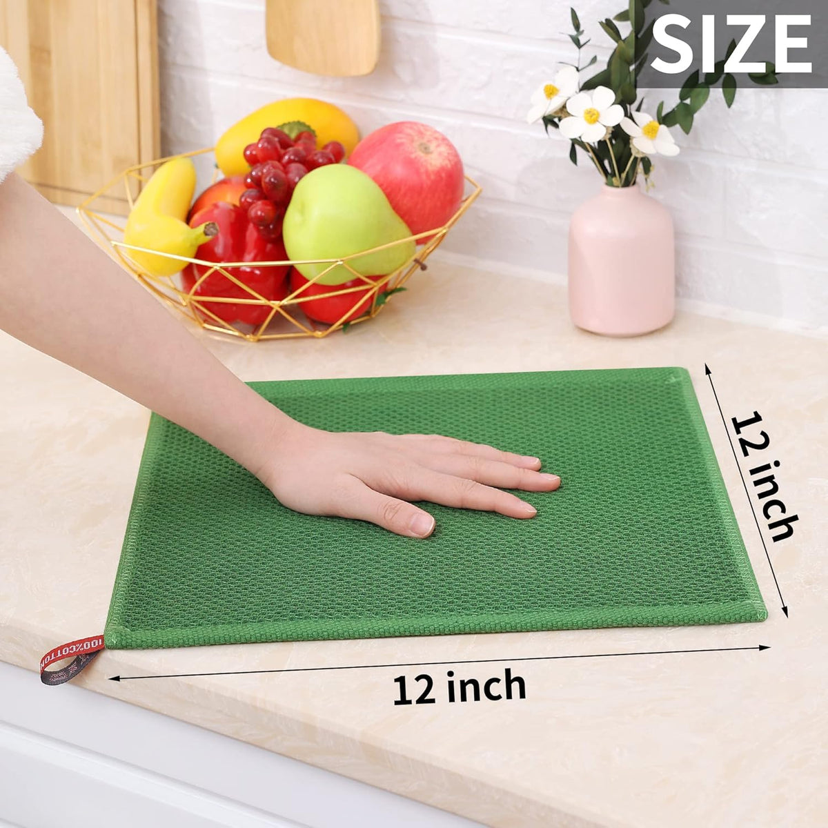 Homaxy 100% Cotton Waffle Weave Kitchen Dish Cloths, Ultra Soft Absorbent Quick Drying Dish Towels, 12 x 12 Inches, 6-Pack, Grass Green