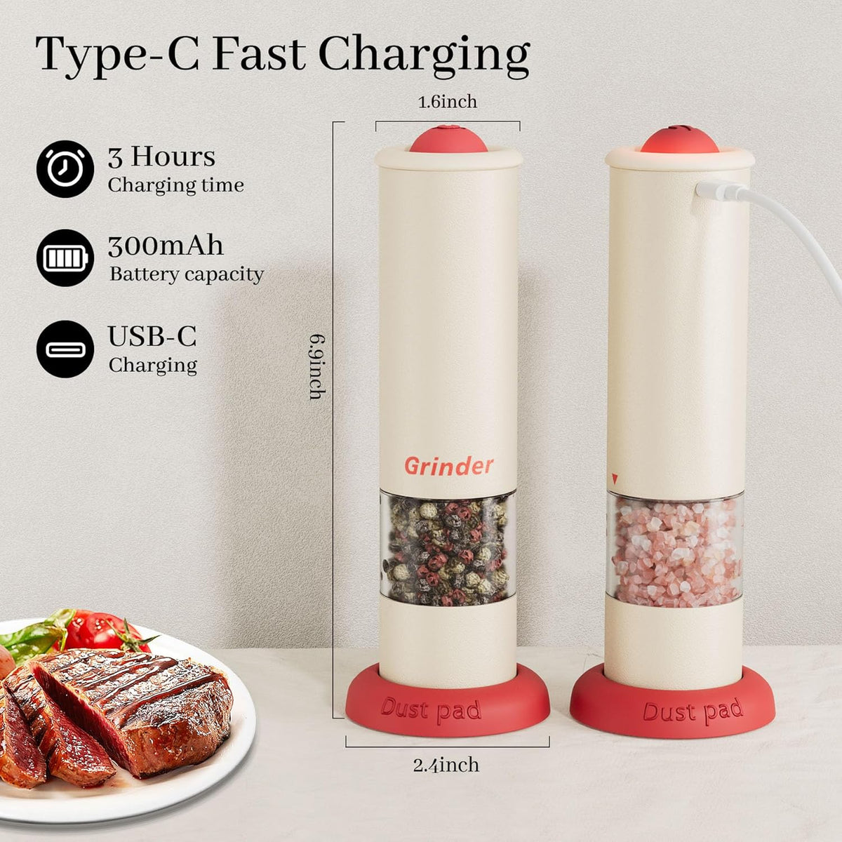 Electric Salt and Pepper Grinder Set, USB Rechargeable Adjustable Coarseness Automatic Salt Pepper Mill Shakers/Grinder Kitchen Spice Mill for Outdoor, Home Chefs Idea for New House Warming Gifts