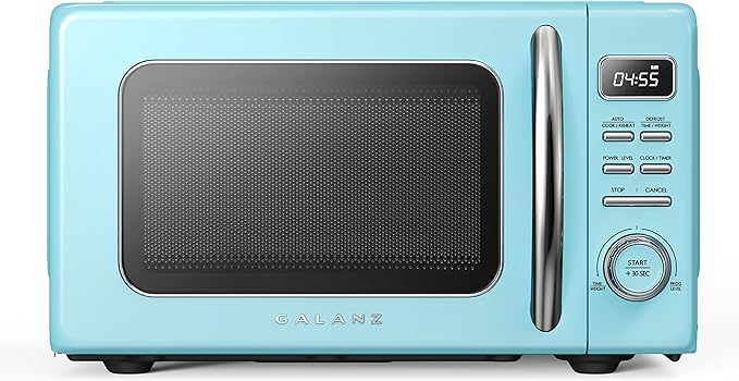 Galanz GLCMKZ09BER09 Retro Countertop Microwave Oven with Auto Cook & Reheat, Defrost, Quick Start Functions, Easy Clean with Glass Turntable, Pull Handle, 0.9 cu ft, Blue
