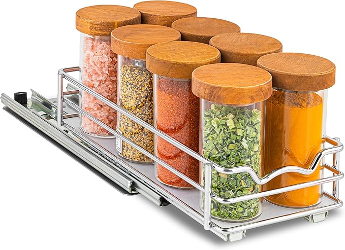 Pull Out Cabinet Organizer for Spices, Cans - Heavy Duty with Lifetime Limited Warranty- Pull Out Spice Rack- Cabinet Pull Out Shelf for Cans,Dishes, Etc, 4-1/2"W x 10-1/2"D x 2-3/4”H, Chrome
