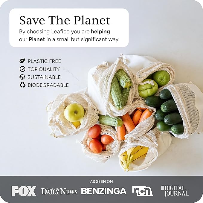 LEAFICO Reusable Produce Bags – 100% Cotton Mesh & Solid Hybrid (Medium 10x12 inch 6 Pcs) – Reusable Grocery Bags for Apples, Carrots, Bulk Vegetables – Washable, Plastic-Free, Breathable, Zero Waste