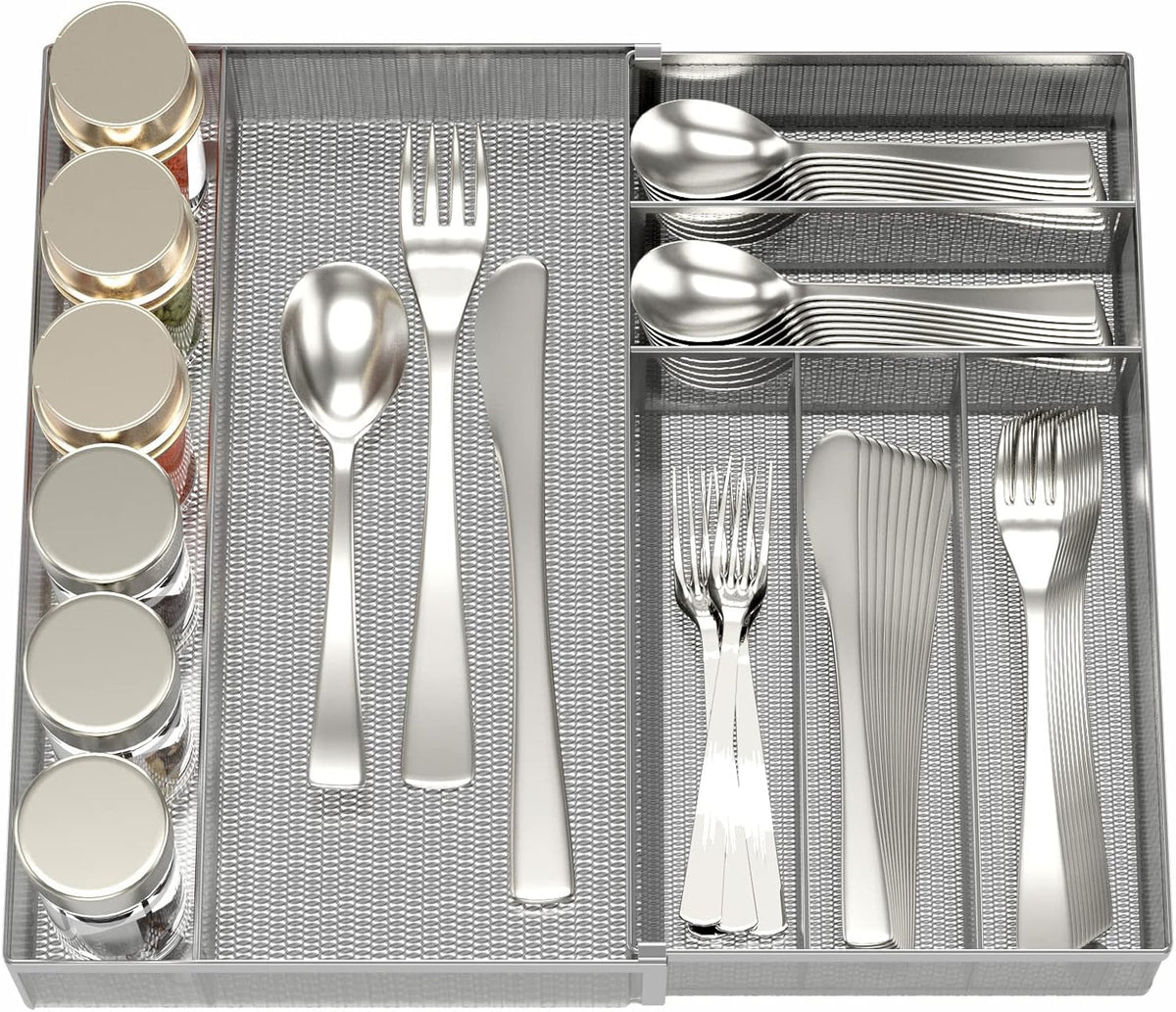 JANE EYRE Utensil Drawer Organizer - Expandable Cutlery Tray, Silverware/Flatware Storage Divider for Kitchen, Mesh Designing with Non-slip Rubber Feet (Silver)