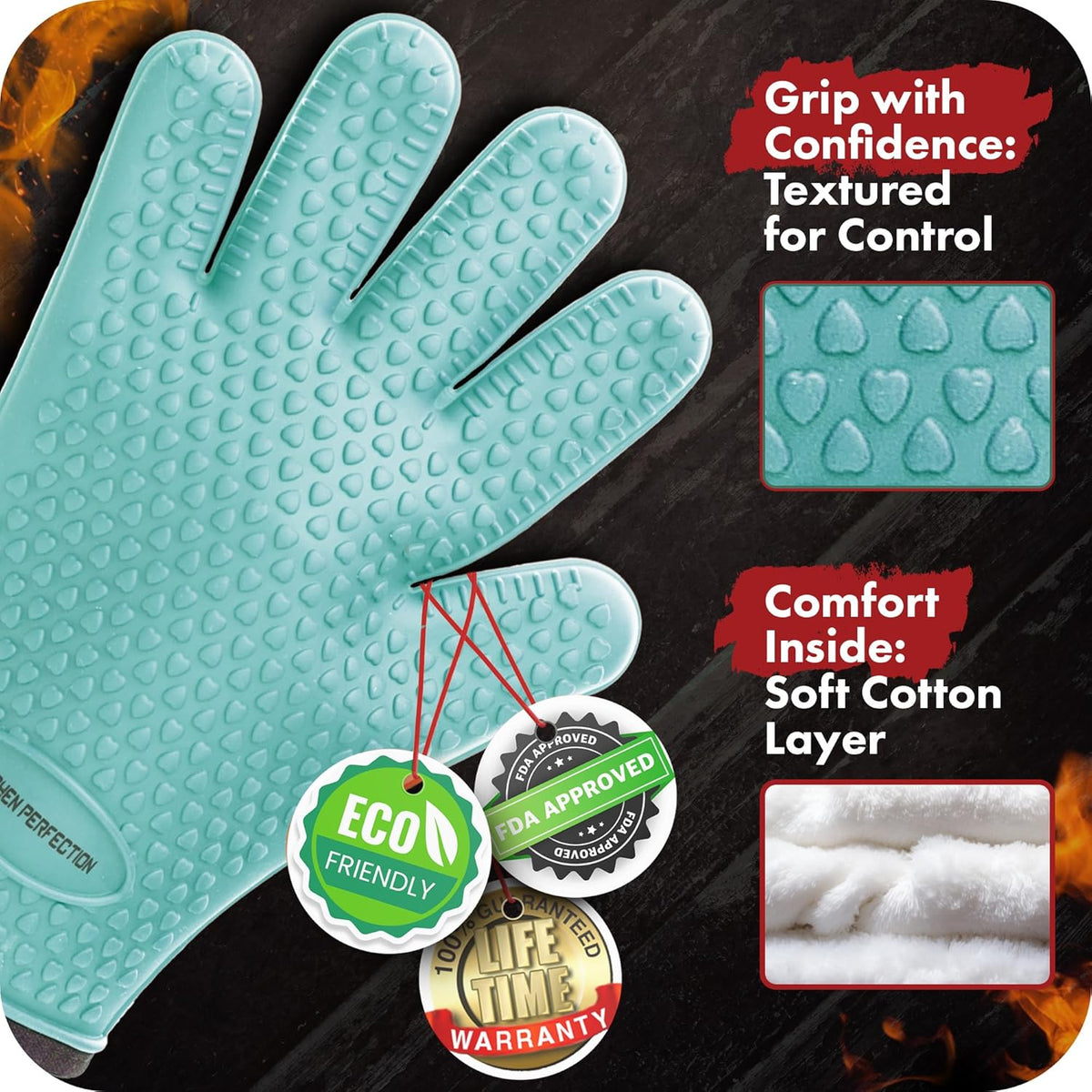 KITCHEN PERFECTION Silicone Smoker Oven Gloves -Extreme Heat Resistant BBQ Gloves -Handle Hot Food Right on Your Smoker Grill Fryer Pit|Waterproof Oven Mitts Grill Gloves |Superior Value Set+3 Bonuses