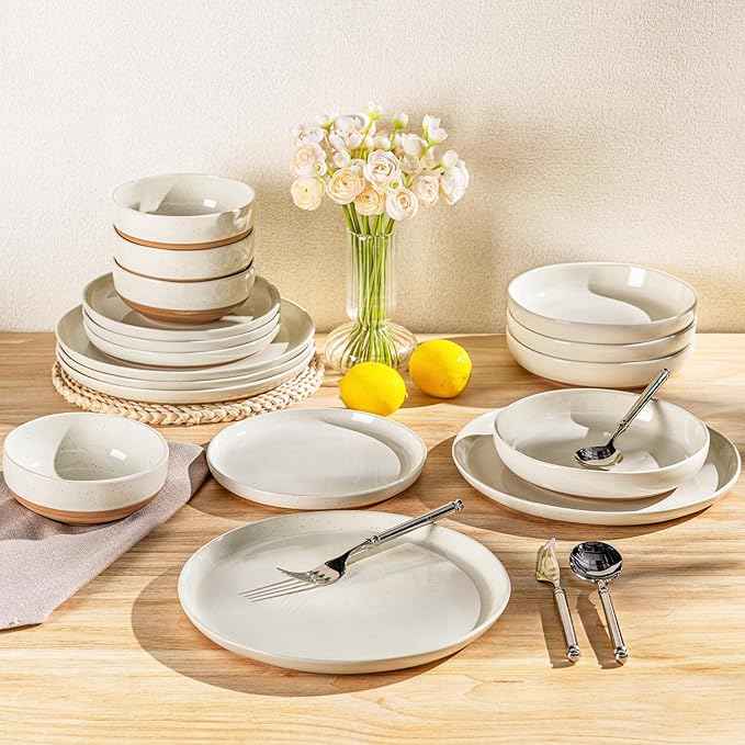 AmorArc Ceramic Dinnerware Sets for 6, 18 Pieces Handpainted Plates and Bowls Set with Rustic Terracotta Underside, Scratch Resistant Stoneware Dishes Set, Dishwasher & Microwave Safe,Light Beige