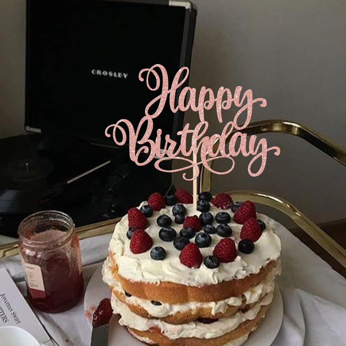 ZHUOWEISM 1 PCS Happy Birthday Cake Topper Glitter Happy Birthday Cake Pick for Celebrating Happy Birthday Anniversary Party Cake Decorations Supplies Rose Gold