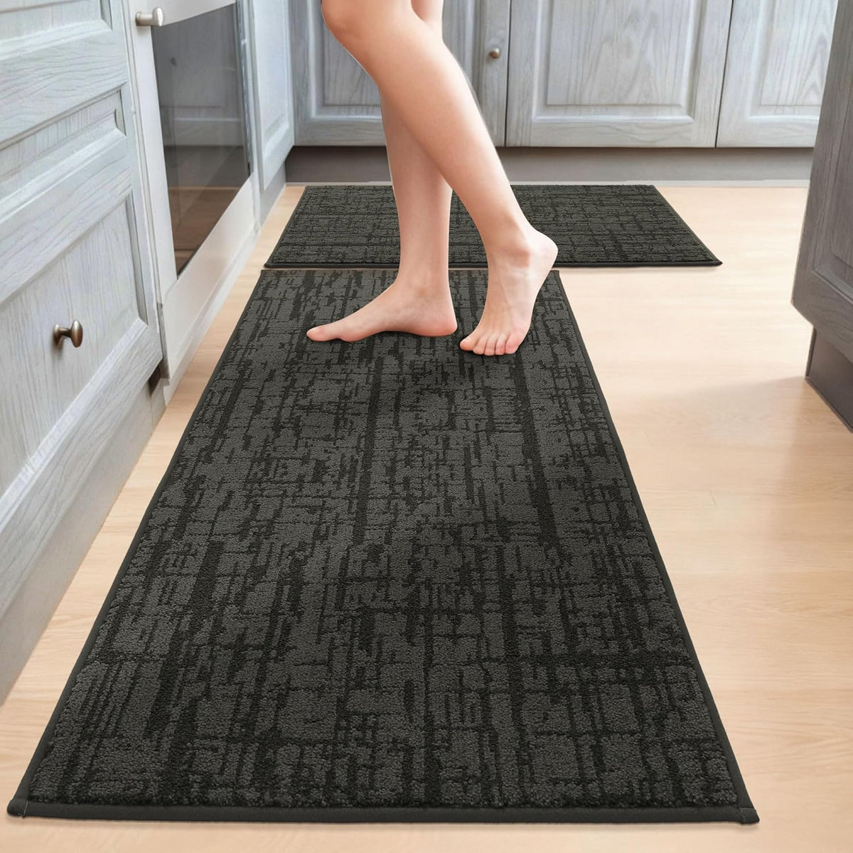 COSY HOMEER Kitchen Rugs 20"x32"+20"x48" Absorbent Soft Kitchen Mats for Floor Non Slip Kitchen Runner Rug Polyester Washable Kitchen Floor Mats for Sink Mat,Hallway,Laundry,Dark Grey