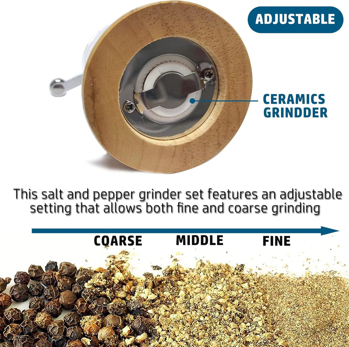 Pepper Mills Set Classical Hand Shake Wood Pepper Grinder Set Salt Mills 2pcs-6in, Wooden Acrylic Ceramic Blades Upgrade Metal Handle, Enjoy Fresh Ground Pepper Various Spices