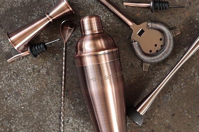 Mint & Mortar Cocktail Shaker Set, 7-Piece Bartender Kit with Stand, 24oz Martini Shaker Bottle Stainless Steel Bar Tools, Home Bar Accessories Drink Mixer, Barware Gift Set - Brushed Copper