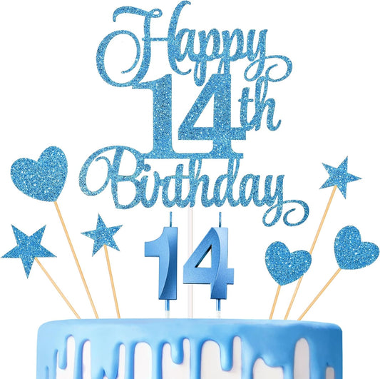 14th Birthday Cake Decorations, 14th Birthday Candles Cake Numeral Candles and Glitter Happy 14th Birthday Cake Toppers Set for Birthday Party Supplies (Blue)