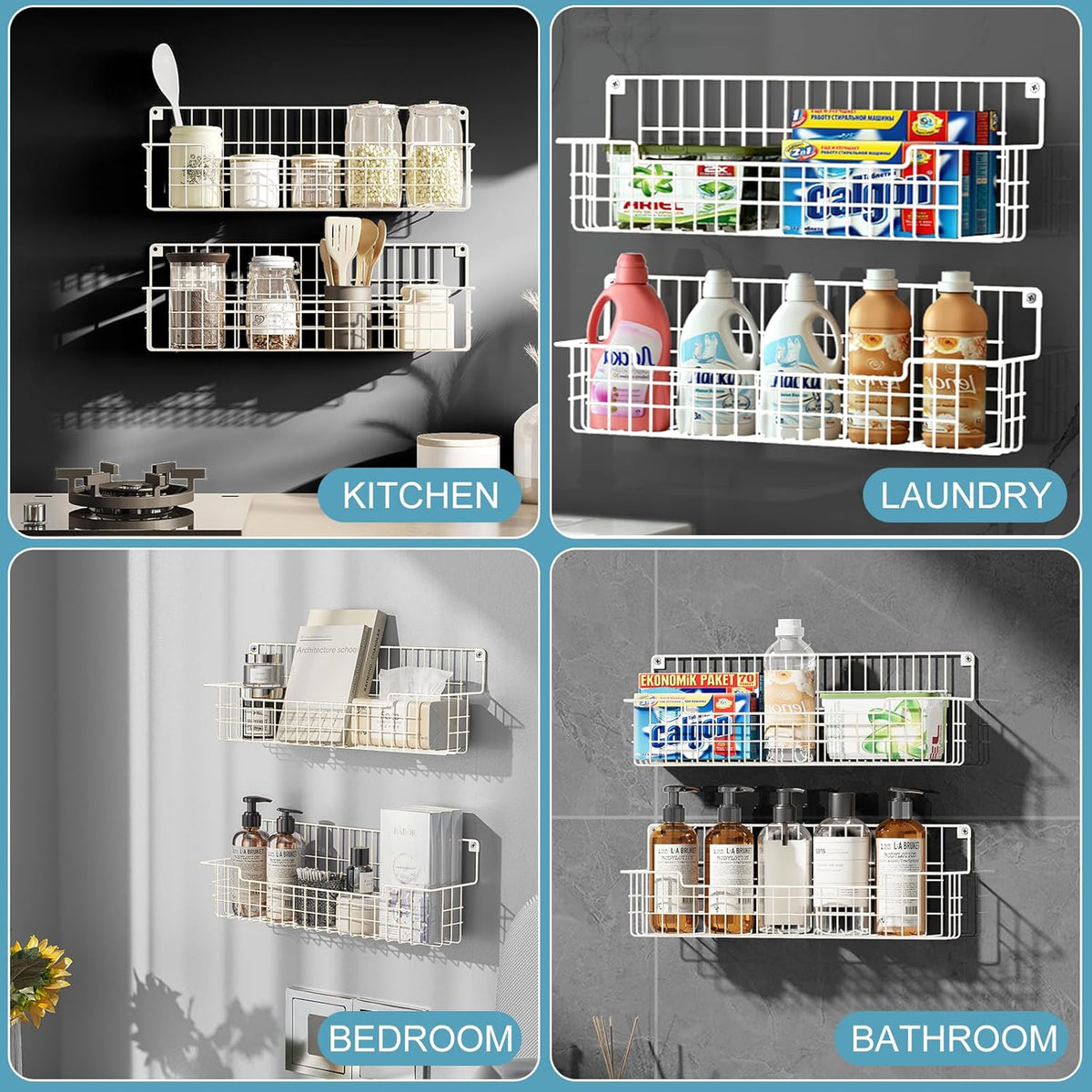 Spice Rack, 4-Pack Seasoning Organizer Wall Mounted for Kitchen Storage Organization, Metal Spice Holder Shelf for Cabinet, Pantry, White