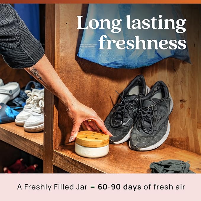 Azuna Air Freshener & Odor Eliminator for Strong Odor | 4 Room Kit Includes (4) Empty Luxe Glass Jars & 24oz Gel Refill with Tea Tree Essential Oil | Sandalwood Scent | Last 60-90 Days