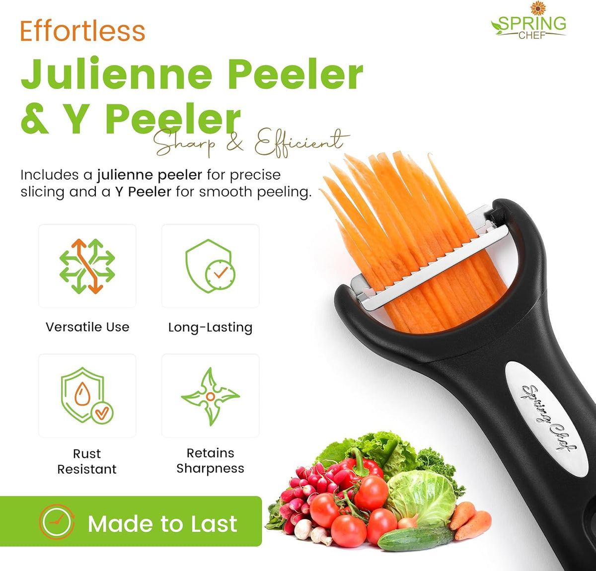 Spring Chef Premium Y & Vegetable Julienne Peeler Set for Kitchen with Stainless Steel Sharp Blades - Carrot Peelers with Comfortable Handles - Perfect for Zucchini, Cucumber, Papaya, Potato - Black
