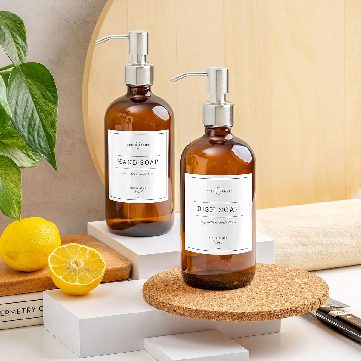Vine Creations Amber Glass Soap Dispenser, 2 Pack Kitchen Soap Dispenser Set with Stainless Steel Pump, 16 oz Hand Soap or Dish Soap for Bathroom or Kitchen with Waterproof Labels