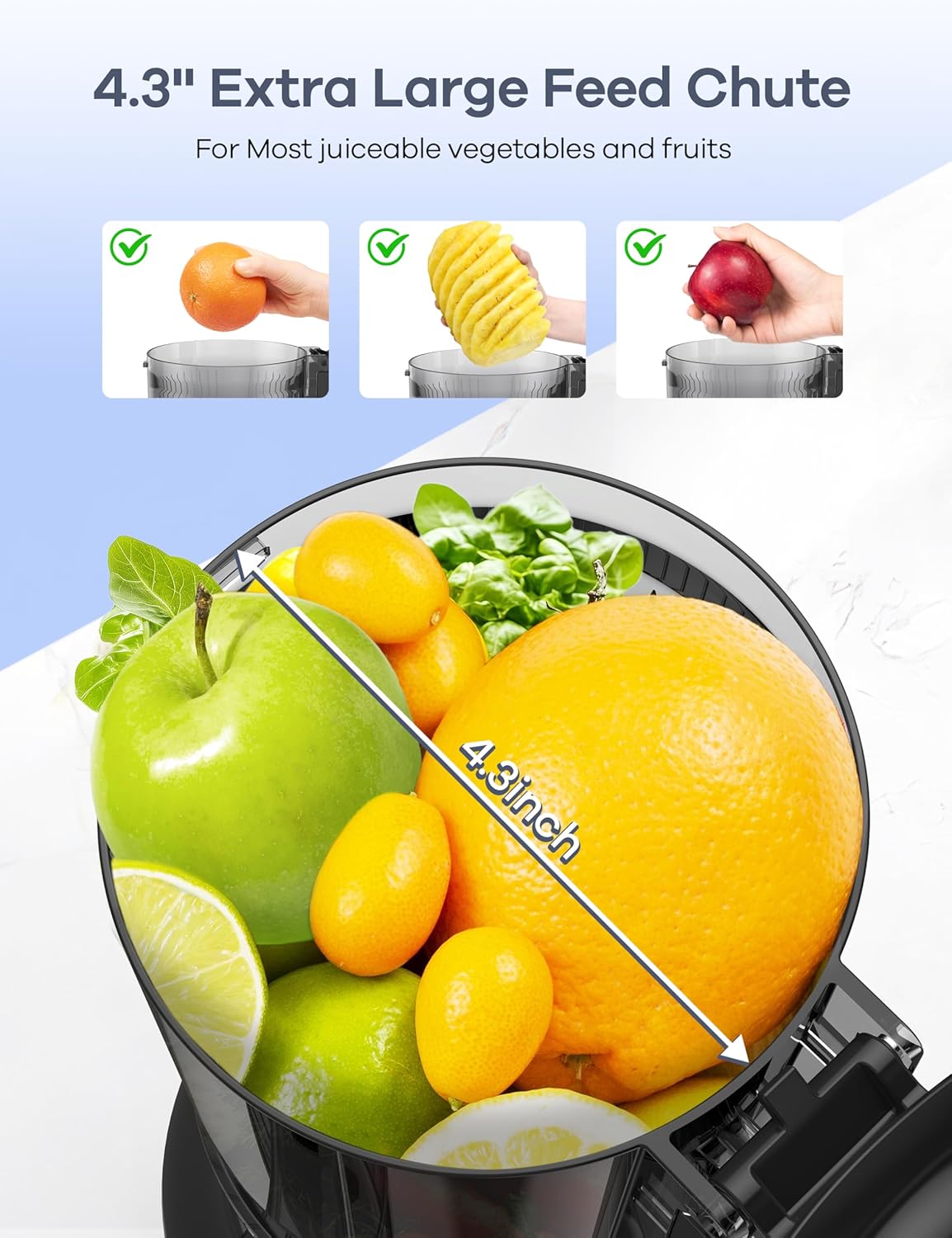 Ganiza Juicer Machines, Cold Press Juicer with 4.3" Large Feed Chute for Whole Fruits & Vegetables, Slow Masticating juicers with 3 Replace Filters for Batch Juicing, Easy to Clean, BPA Free(Silver)