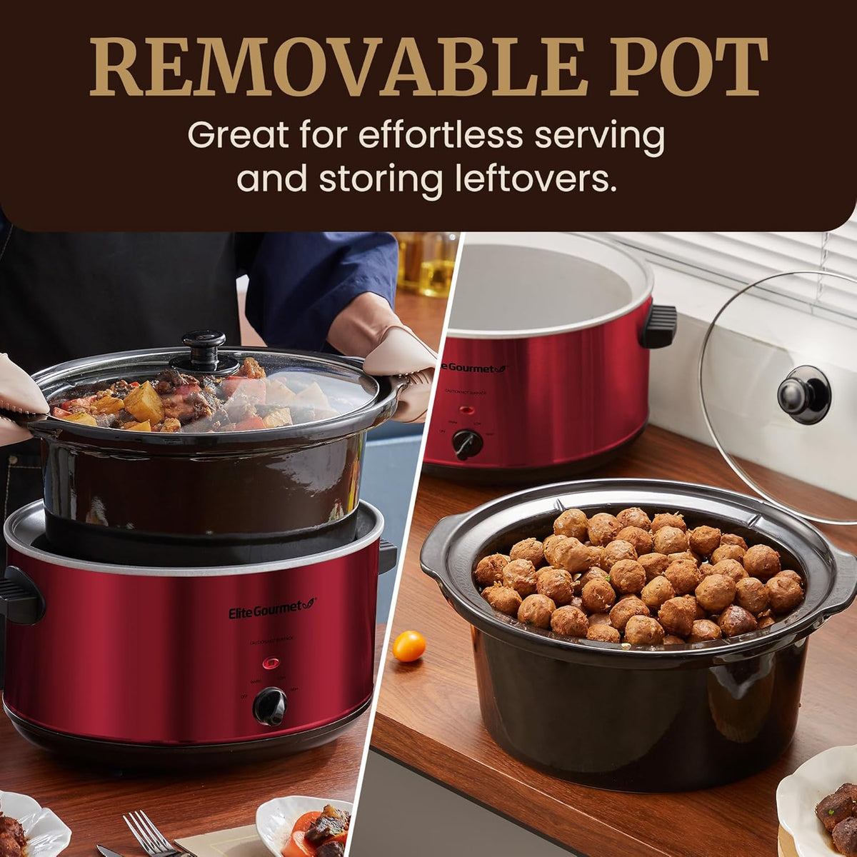 Elite Gourmet MST-900RXT# Electric Ceramic XL Jumbo Slow Cooker, Adjustable Temp, Entrees, Sauces, Stews & Dips, Dishwasher Safe Glass Lid & Crock, 8.5Qt, MetallicRed