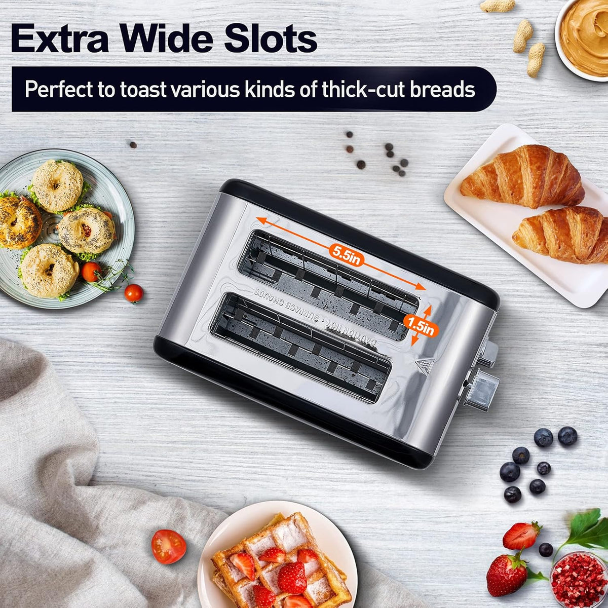 CUSIMAX Stainless Steel 2 Slice Toaster with LED Display, Extra-wide Slots, 6 Browning Settings, Cancel/Bagel/Defrost, Removable Crumb Tray, Black
