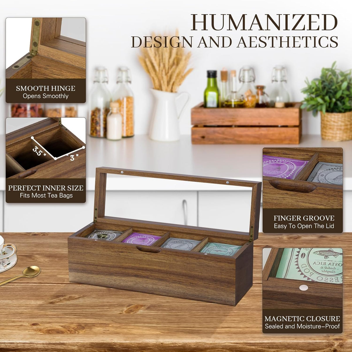 Acacia Wood Tea Bag Organizer, 4 Compartments Tea Box Organizer Storage Box, Teabag Holder Organizers with Clear Acrylic Window, Magnetic Lid and Removable Dividers